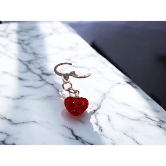 Handcrafted Huggie Hoop Earrings Featuring Red Rhinestone Hearts - Picture 5 of 9